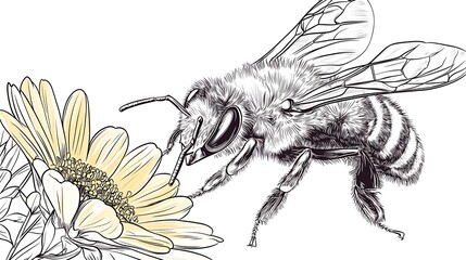 Obraz premium Detailed Illustration of a Bee Pollinating a Yellow Flower