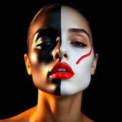 An abstract and surreal portrait of a face divided into two contrasting halves