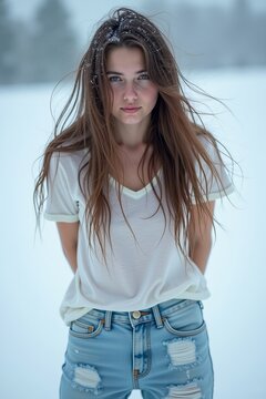 young woman with long brown hair in a brutally cold outdoor setting of snow and ice winter wearing a white T-shirt wind is blowing her hair 