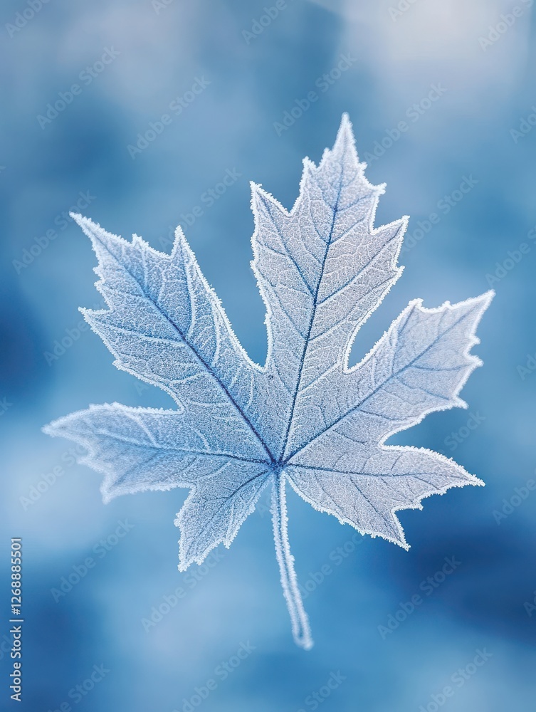 Poster close-up of a frosted leaf displaying intricate details in a winter landscape during the early morni