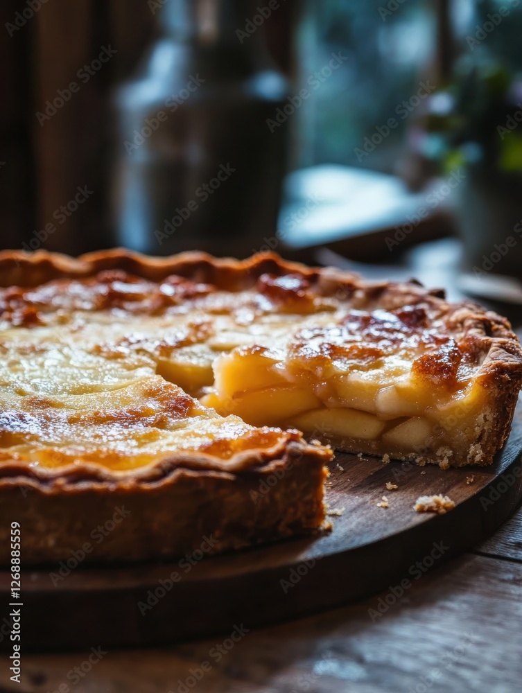 Poster freshly baked apple pie resting on a wooden table with golden crust and delicious filling, ready to 