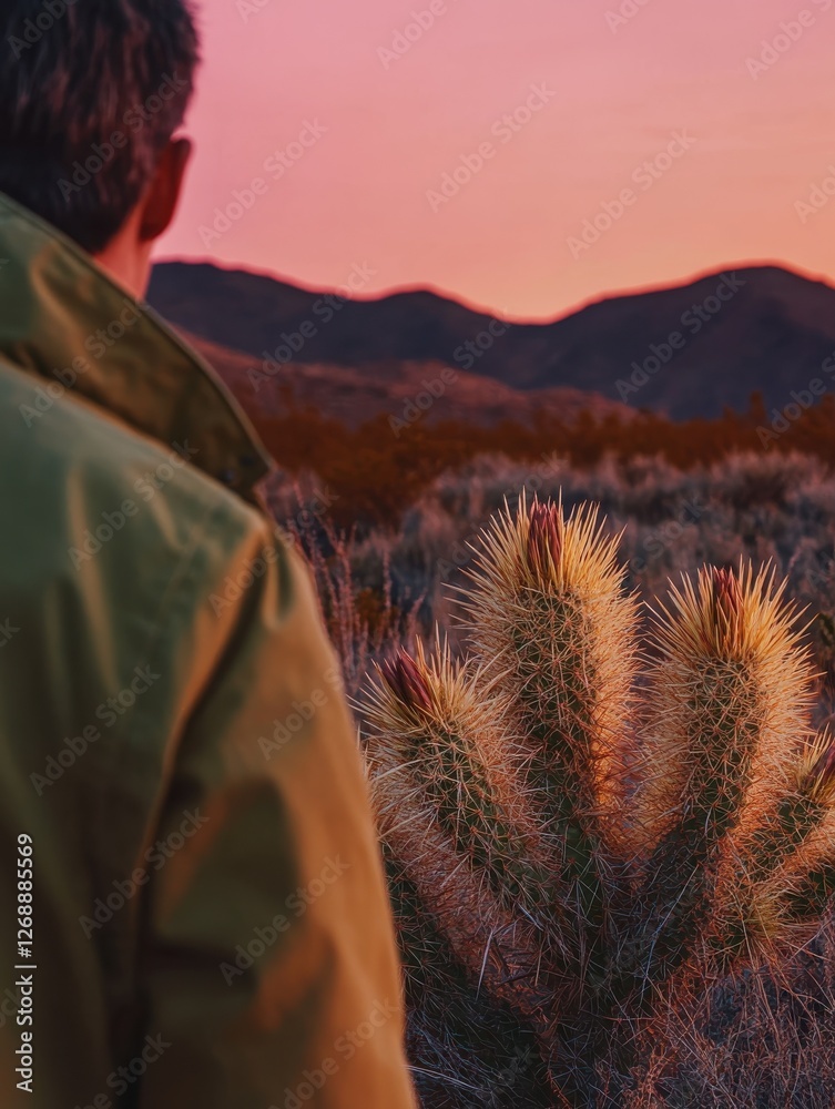 Poster close-up view of a cactus with sharp needles against a vibrant sunset sky in a desert landscape