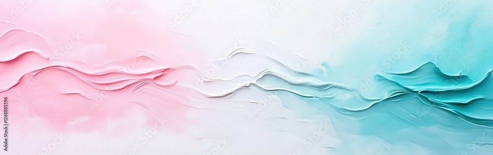 Poster Creative abstract painting on white canvas blending soft pink and turquoise colors with textured waves