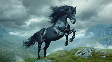 Fototapeta premium Majestic Black Horse Leaping on Lush Green Landscape Under Stormy Sky