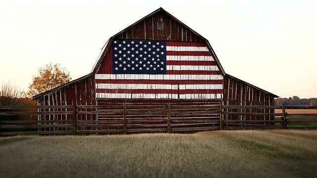 American flag painted on barn in rural setting