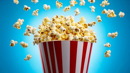 Buttery Popcorn Delight - A delicious, overflowing bucket of popcorn with pieces flying in the air against a bright blue background. Perfect for movie night or snack time