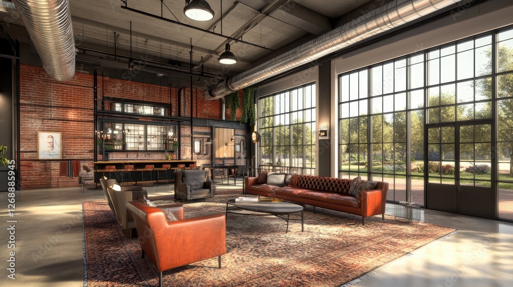 Poster spacious industrial loft featuring large windows and open-plan design suitable for various activitie