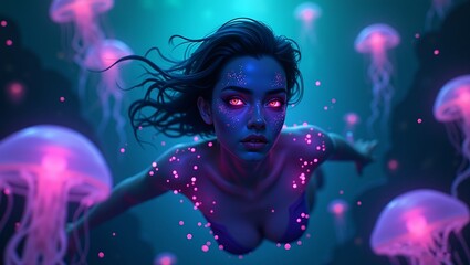 3D render dark fantasy young woman with blue tribal makeup swimming underwater in the sea purple and pink neon lights background is filled with neon purple and pink jellyfishes
