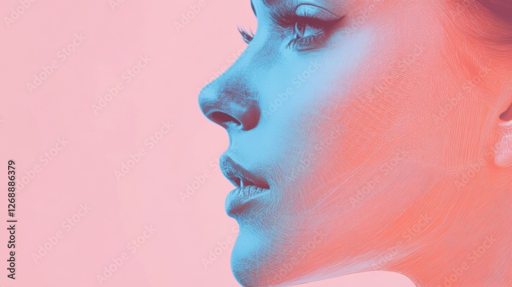 Poster creative portrait of a womans profile with artistic color effects highlighting features and emotions