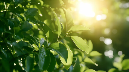 Obraz premium Sunlit Green Leaves, Lush Foliage, Nature Background, Spring