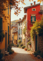 Obraz premium Charming European cobblestone street lined with colorful historic buildings, vibrant flowers, and vintage lanterns under a warm golden sunset