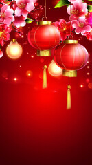 Red lanterns and cherry blossoms on festive background