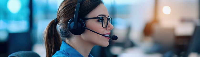 A focused woman in a headset engages in a conversation, exemplifying professionalism in a modern office environment.