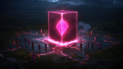 Large pink structure surrounded by lava in a travel destination for tourism exploration in riyadh