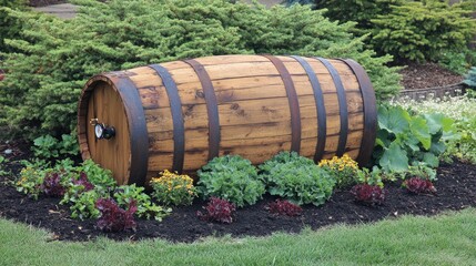 Obraz premium A wooden rainwater collection barrel connected to a garden irrigation system