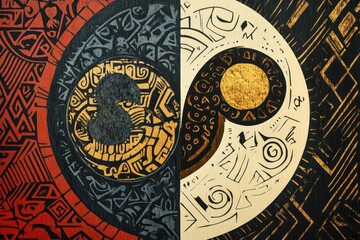 Divided yin yang symbol in tribal and geometric styles
