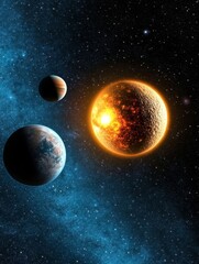 Obraz premium Cosmic Inferno Celestial Dance - A fiery planet explodes, its energy impacting nearby celestial bodies. Symbolizing destruction, rebirth, power, chaos and the vastness of space