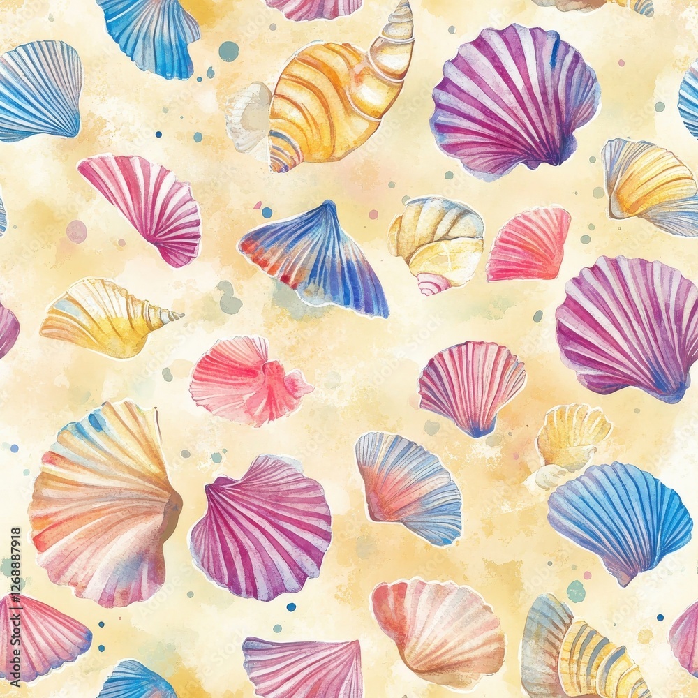 Poster Vibrant watercolor pattern showcasing colorful seashells on a soft beige background with artistic splashes