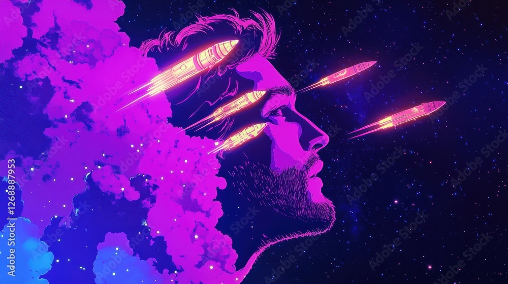 Poster vibrant profile of a man surrounded by explosions of color and cosmic imagery representing imaginati