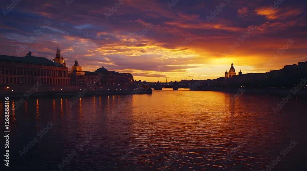 Aufkleber Breathtaking sunset cityscape with historical architecture and landmarks reflected in the tranquil waters of a river creating a serene and enchanting atmosphere at dusk