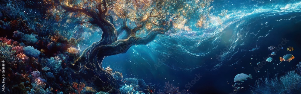 Poster vibrant visualization of a glowing tree beneath a shimmering ocean surface showcasing marine life an
