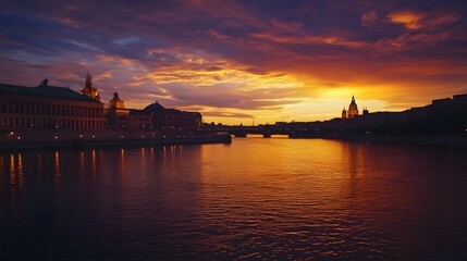 Fototapeta premium Breathtaking sunset cityscape with historical architecture and landmarks reflected in the tranquil waters of a river creating a serene and enchanting atmosphere at dusk