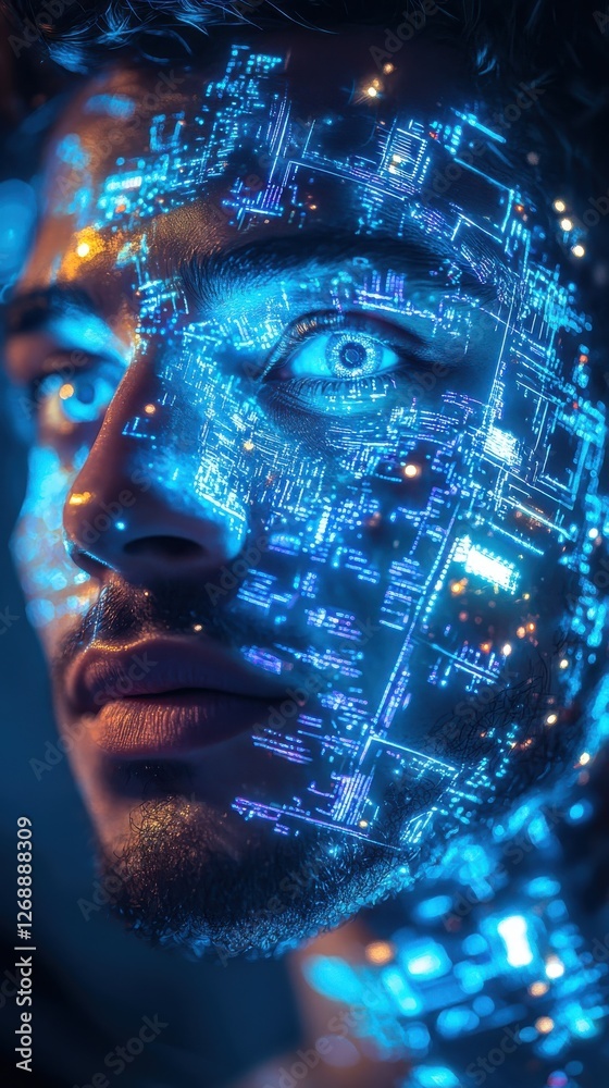 Poster Vibrant portrait of a man's face illuminated by digital circuitry patterns reflecting innovation and technology