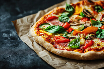 Delicious Homemade Veggie Pizza with Ham and Fresh Basil