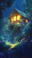 Naklejka premium Vibrant wooden cabin surrounded by luminescent flowers in a serene nighttime setting