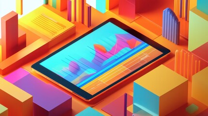 Colorful financial charts on a tablet amid vibrant 3D geometric shapes set in an abstract scene