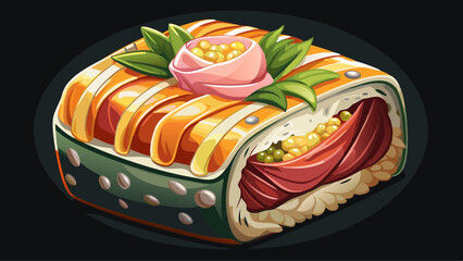Delicious sushi roll topped with cheese and prosciutto on a sleek black background, showcasing an elegant culinary presentation.