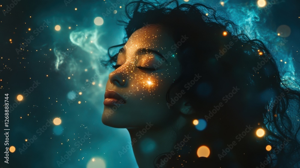 Aufkleber surreal portrait of a glowing woman immersed in cosmic wonders and starry dreams captured in an ethe