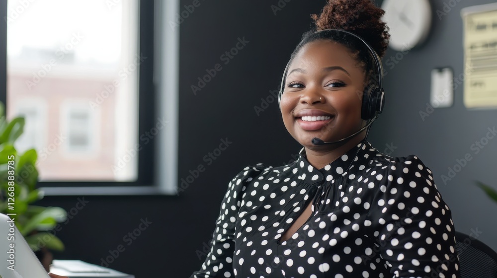 Aufkleber Modern workspace featuring a smiling professional engaging in conversation with clients