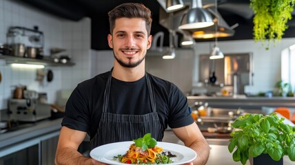 Delicious Pasta Dish Prepared by Chef - A smiling chef presents a delectable pasta dish, symbolizing culinary skill, freshness, Italian cuisine, fine dining, and gastronomic delight