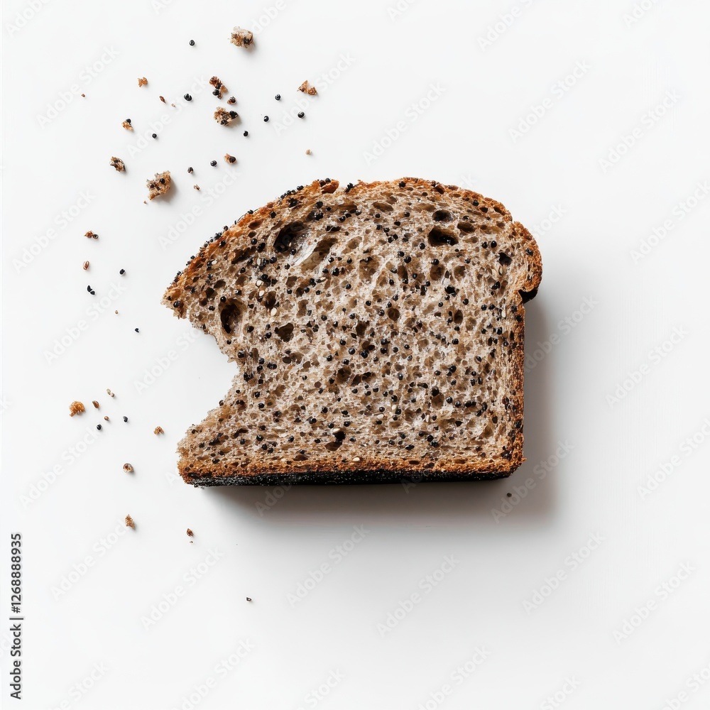Poster slice of rye bread with visible seeds and a bite taken out, resting on a clean white surface