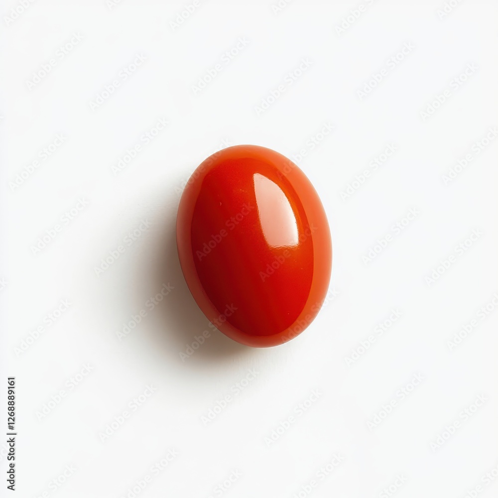Poster single glossy red cherry tomato resting on a clean white background showcasing its vibrant color and