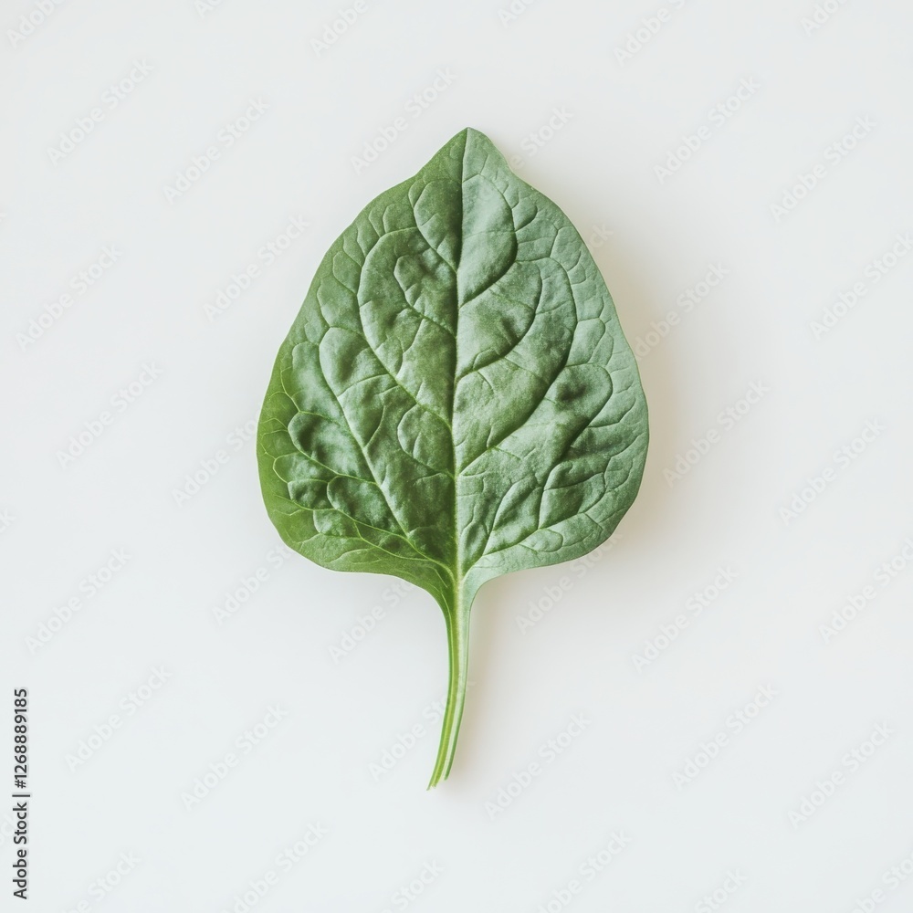 Poster fresh spinach leaf resting on a plain white background showcasing vibrant green color and smooth tex