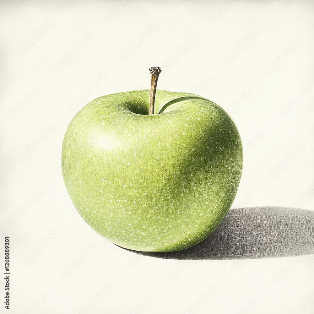 Poster Shiny green apple resting on a neutral background showcasing its vibrant color and texture