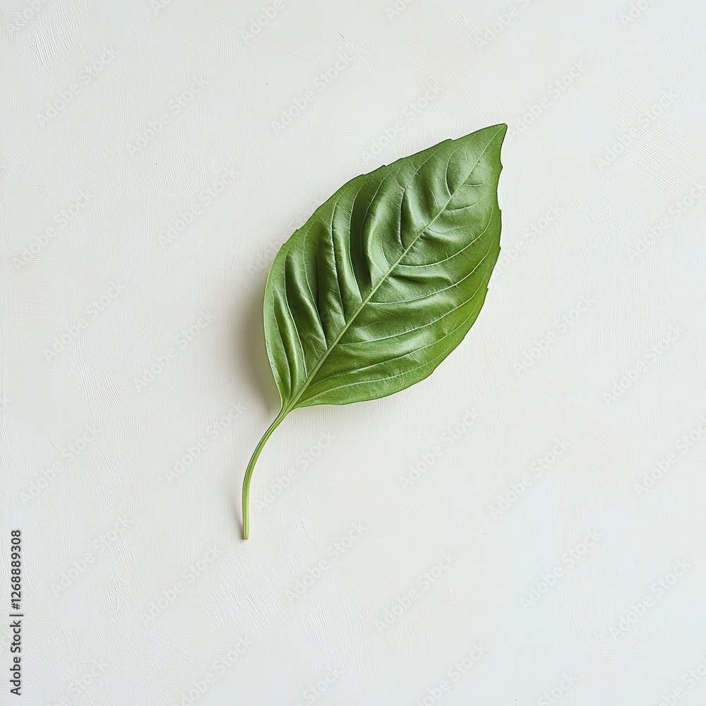 Poster Fresh basil leaf with vibrant green color displayed on a light surface highlighting its natural texture and shape