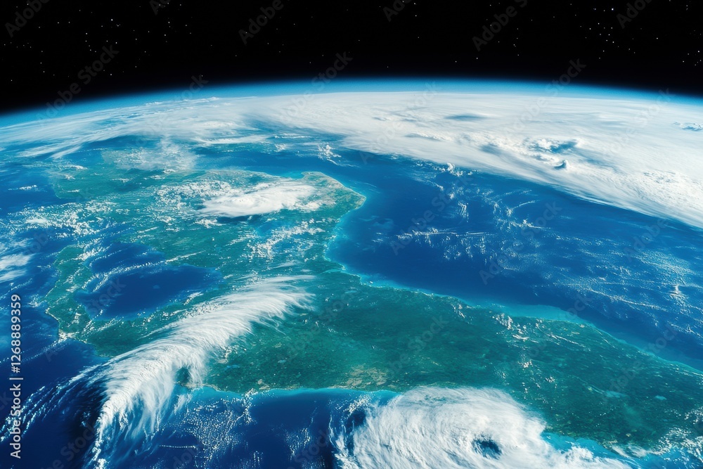Poster earth viewed from space showcasing coastal regions and cloud formations above the ocean during dayli