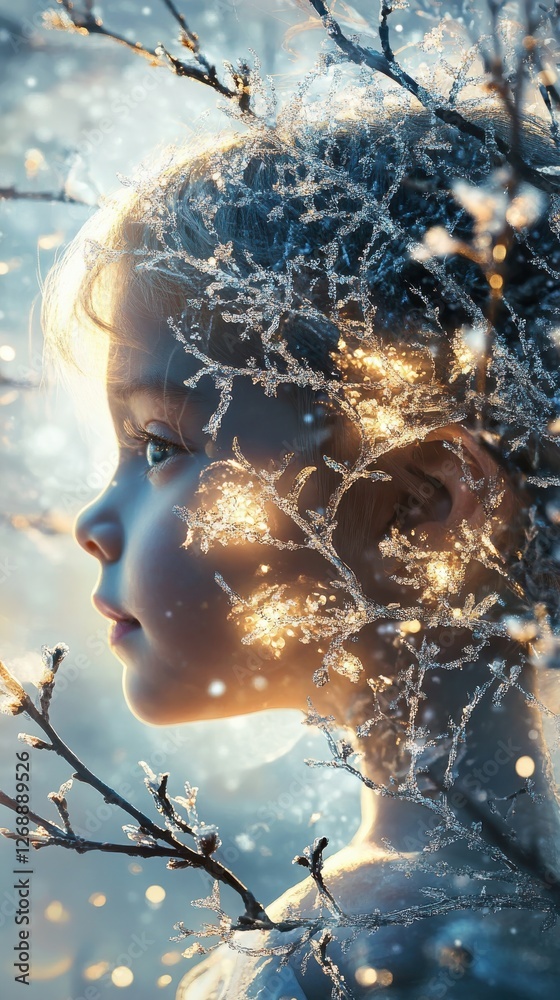 Fototapete child illuminated with branches and soft light in a wintery setting during golden hour