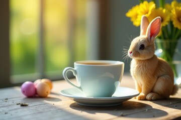 Fototapeta premium Elegant Easter table setting, coffee cup & bunny , placemat, drink