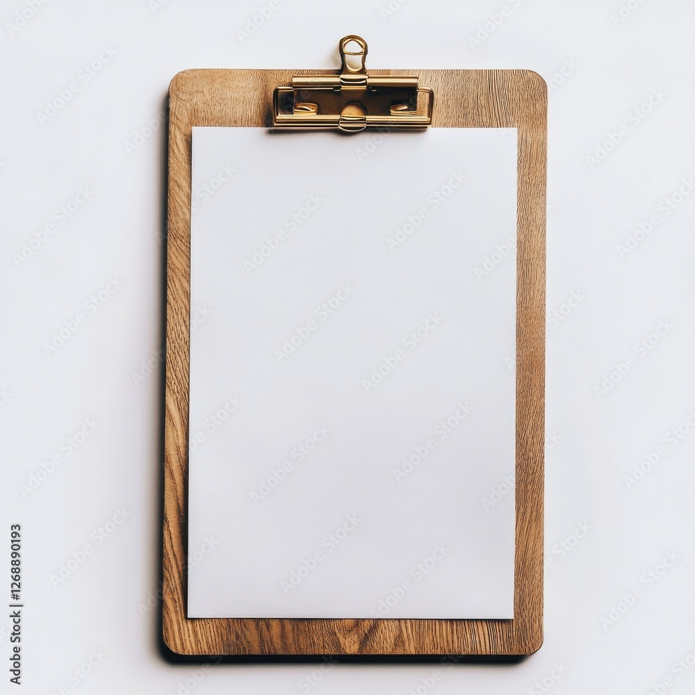 Poster polished wooden clipboard with blank sheet ready for notes and ideas in a bright workspace