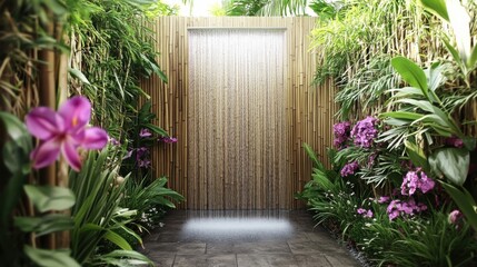 Refreshing outdoor shower surrounded by lush bamboo walls and vibrant flowers in a serene tropical setting