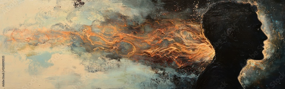 Poster mystical profile of a man surrounded by ethereal flames and cosmic imagery in a dreamlike setting