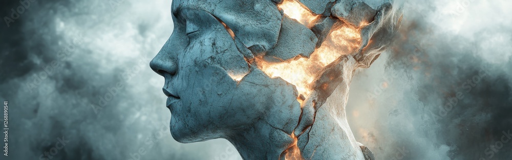 Leinwandbilder Mystical visualization of a sculptor creating a stunning figure with elements of fire and stone emerging in a dramatic atmosphere