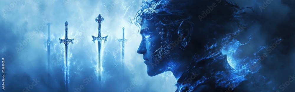Poster Mystical profile of a man with a surreal blue aura next to ethereal swords under a foggy atmosphere