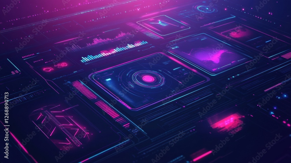 Poster Futuristic digital interface with vibrant colors showcasing data analysis and technology trends for creative projects. Generative AI