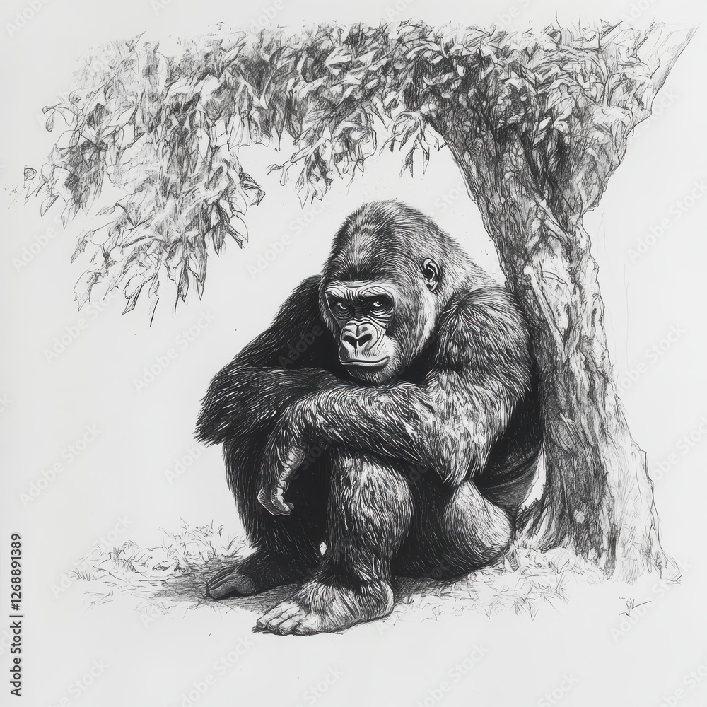 Poster gorilla resting under tree with thoughtful expression in its natural habitat