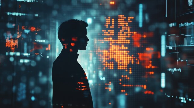 Glowing silhouette of a robo-advisor amidst a digital landscape of data and analytics at dusk - Powered by Adobe